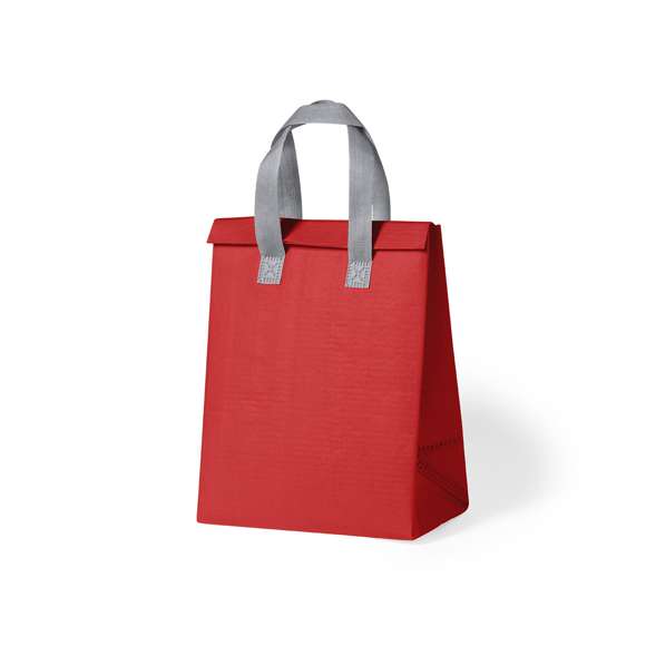 Bolsa nevera en non-woven laminado. Compartimento principal con cierre de velcro e interior isotermo de aluminio. De acabado termosellado, con fuelle y asas reforzadas. Disponible en variada gama de colores.