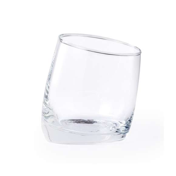 Original vaso de cristal de 320ml de capacidad. Con atractivo diseño inclinado y presentado en caja individual de diseño kraft.