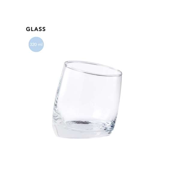 Original vaso de cristal de 320ml de capacidad. Con atractivo diseño inclinado y presentado en caja individual de diseño kraft.