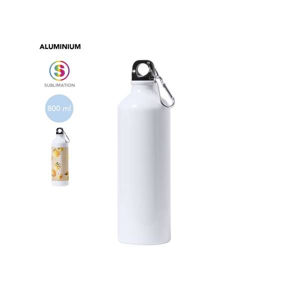 Bidón de aluminio de 800ml de capacidad. Acabado en suave y brillante color blanco, especialmente diseñado para marcaje en sublimación. Con tapón de seguridad a rosca y mosquetón metálico de transporte. Presentado en atractiva caja de diseño.