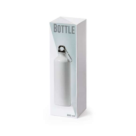Bidón de aluminio de 800ml de capacidad. Acabado en suave y brillante color blanco, especialmente diseñado para marcaje en sublimación. Con tapón de seguridad a rosca y mosquetón metálico de transporte. Presentado en atractiva caja de diseño.