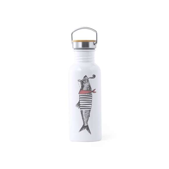 Bidón en acero inox especialmente diseñado para marcaje en sublimación. De estilo retro y 750ml de capacidad. Tapón de seguridad a rosca en acero inox, con detalle en bambú y asa de transporte vintage. Presentado en atractiva caja de diseño.