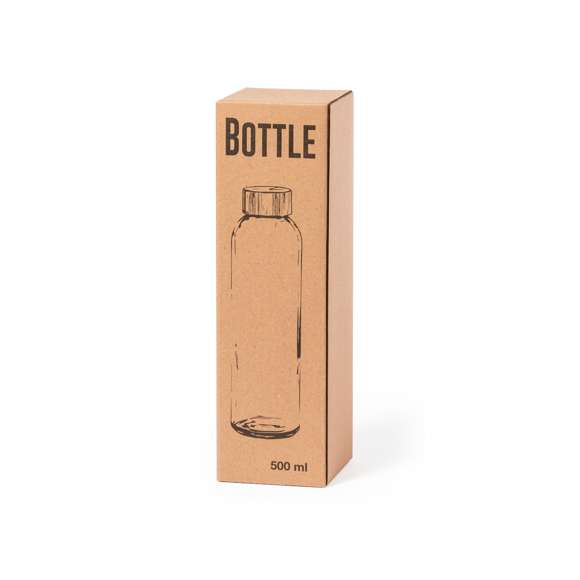Bidón transparente de cristal de 500 ml de capacidad, con tapón a rosca en bambú y libre de BPA. Presentado en atractiva caja de diseño kraft.