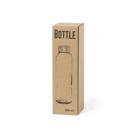 Bidón transparente de cristal de 500 ml de capacidad, con tapón a rosca en bambú y libre de BPA. Presentado en atractiva caja de diseño kraft.