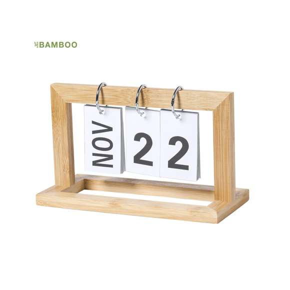 Calendario perpetuo de línea nature: ya no es necesario cambiar de calendario cada año, con el beneficio al medio ambiente que esto supone. Fabricado en bambú, con anillas metálicas cromadas. Tipografía de fácil lectura y especialmente diseñado para marcaje en láser.