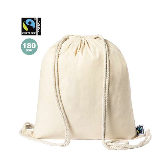 Mochila de cuerdas de línea nature, fabricada en 100% algodón de 180g/m2 en tono natural. Con certificación Fairtrade (Comercio Justo) un sistema comercial solidario y alternativo al convencional que persigue el desarrollo de los pueblos y la lucha contra la pobreza. De acabado cosido, cordones de algodón y resistencia hasta 9kg de peso. Incluida etiqueta Fairtrade y hangtag distintivo en cartón reciclado.