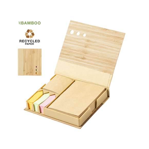 Portanotas de linea nature con tapas rígidas de bambú. Con 115 hojas adhesivas de acabado kraft, 115 hojas adhesivas medianas y 420 mini notas adhesivas.
