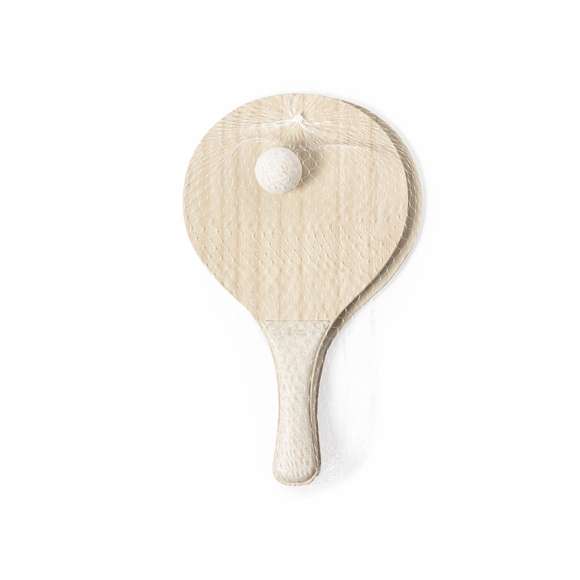 Par de palas de playa de línea nature. Fabricadas en madera, con mango reforzado en caña de trigo. Presentadas en bolsa de rejilla y con pelota de caña de trigo. Distintivo en el mango.