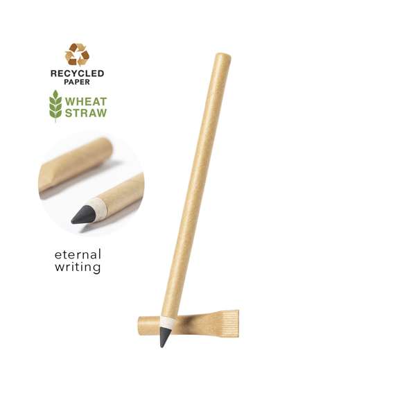 Lápiz eterno de línea nature con capucha. Fabricado en papel reciclado y con punta en caña de trigo, fomentando la utilización de materias primas naturales y reducir las emisiones contaminantes. Reutilizable y con escritura infinita, para así usar siempre el mismo lápiz y no generar residuos.