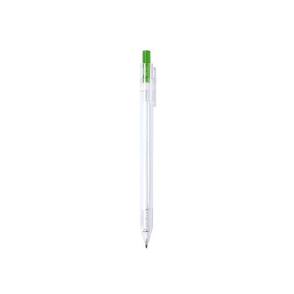 Bolígrafo de línea nature en material RPET, elaborado a partir de plástico reciclado para así fomentar la reutilización de residuos plásticos y ayudar a la sostenibilidad del planeta. De acabado translúcido y con pulsador disponible en variada gama de colores, con distintivo RPET en el cuerpo del bolígrafo. Especialmente diseñado para marcaje en tampografía, de mecanismo pulsador y con tinta azul.