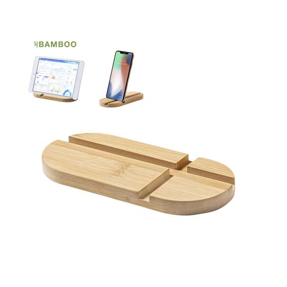 Original y sencillo soporte de línea nature para smartphone y tablet. Fabricado en bambú procedente de cortes naturales. Presentado en atractiva caja individual de diseño eco.