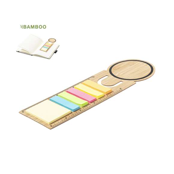 Regla marcapáginas de línea nature. En bambú y con amplia superficie de marcaje. Incluye 25 notas adhesivas medianas y 125 mini notas adhesivas. Sistema métrico en centímetros y pulgadas.