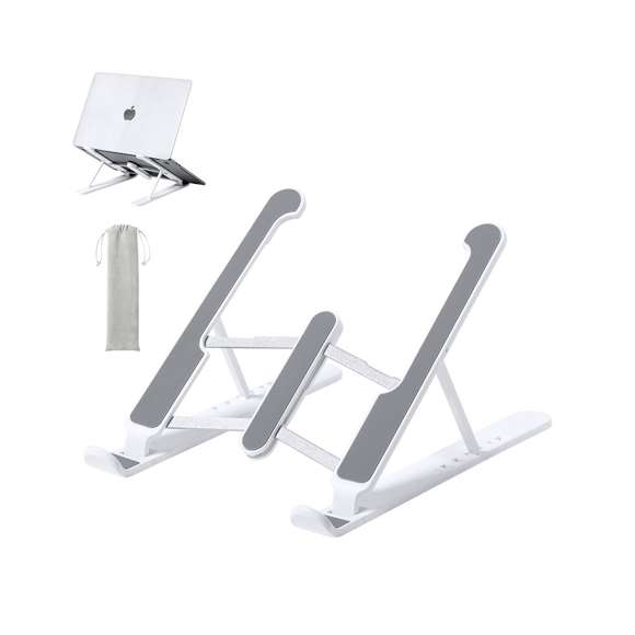 Soporte plegable para portátil. Fabricado en resistente ABS con protecciones antideslizantes en TPR para un firme ajuste al dispositivo. Regulable en altura, con plegado de tamaño compacto y presentado en funda de antelina con cierre de cordón y en caja individual de diseño.