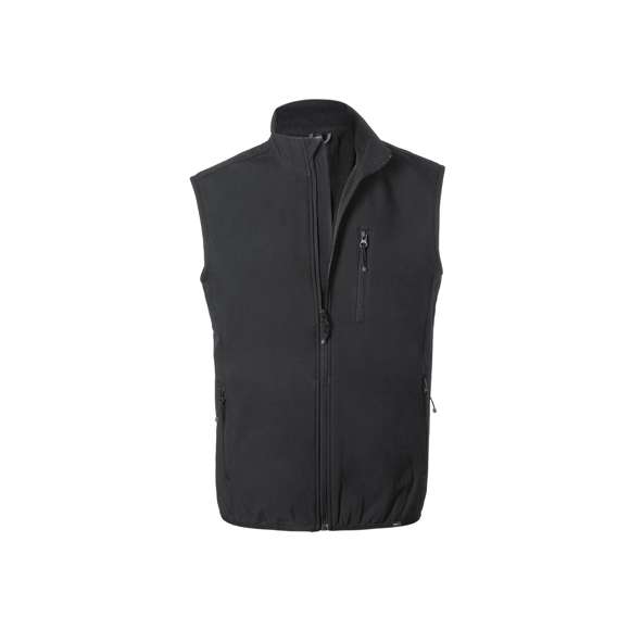 Chaleco impermeable y transpirable en combinación de materiales RPET, elaborados a partir de plástico reciclado, para así fomentar la reutilización de residuos plásticos y contribuir a la sostenibilidad del planeta: exterior en soft shell y elastano de 300g/m2 con interior en 100% poliéster microfleece. Con distintivo eco en dobladillo inferior de la prenda.  Resistente al viento y al agua con cierre principal y bolsillos frontal en pecho y laterales de cremallera invisible y tiradores a juego. Disponible en variada gama de colores y en tallas S, M, L, XL, XXL.
