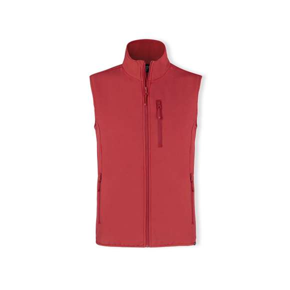Chaleco impermeable y transpirable en combinación de materiales RPET, elaborados a partir de plástico reciclado, para así fomentar la reutilización de residuos plásticos y contribuir a la sostenibilidad del planeta: exterior en soft shell y elastano de 300g/m2 con interior en 100% poliéster microfleece. Con distintivo eco en dobladillo inferior de la prenda.  Resistente al viento y al agua con cierre principal y bolsillos frontal en pecho y laterales de cremallera invisible y tiradores a juego. Disponible en variada gama de colores y en tallas S, M, L, XL, XXL.