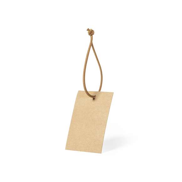  	Etiqueta tipo hangtag de presentación, fabricada en cartón reciclado. De acabado kraft, con cuerda elástica para colgar en color marrón a juego. En línea con la tendencia del mercado hacia la sostenibilidad integral del regalo, ofreciendo soluciones de origen reciclado con el fin de ayudar a la mejora y conservación de nuestro planeta.
