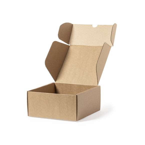  	Caja de presentación tamaño S, fabricada en cartón reciclado corrugado y acabado kraft. En línea con la tendencia del mercado hacia la sostenibilidad integral del regalo, ofreciendo soluciones de origen reciclado con el fin de ayudar a la mejora y conservación de nuestro planeta.