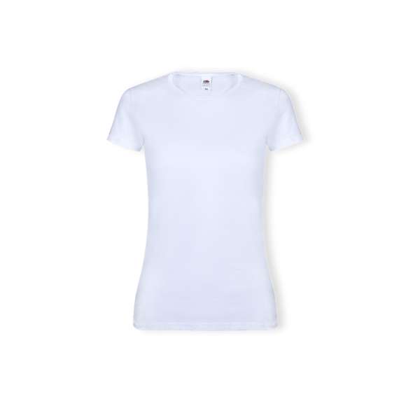 Camiseta para mujer blanca Iconic de Fruit Of The Loom. Fabricada en material 100% algodón peinado Ring Spun de 140g/m2. De tacto suave y corte entallado, con costuras laterales diseñadas para un ajuste perfecto. Con cuello redondo estrecho de canalé 1x1 y tapeta a juego. Etiqueta fácilmente removible y disponible en tallas XS, S, M, L, XL, XXL.