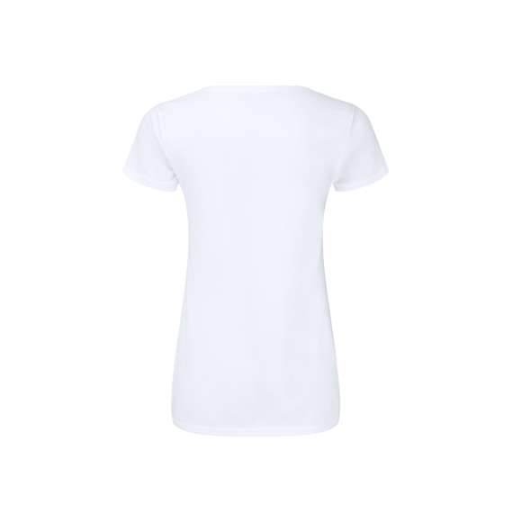 Camiseta para mujer blanca Iconic V-Neck de Fruit Of The Loom. Fabricada en material 100% algodón peinado Ring Spun de 140g/m2 hilado en anillo. De tacto suave y corte entallado, con costuras laterales diseñadas para un ajuste perfecto. Con cuello en pico estrecho de canalé 1x1 y tapeta a juego. Etiqueta fácilmente removible y disponible en tallas XS, S, M, L, XL, XXL.