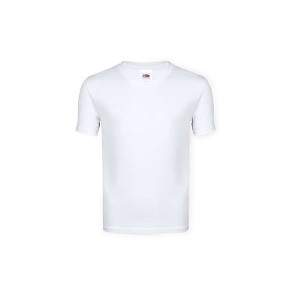 Camiseta para niño blanca Iconic de Fruit Of The Loom. Fabricada en material 100% algodón peinado Ring Spun de 140g/m2. De tacto suave y corte clásico, con cuello redondo estrecho de canalé 1x1 y tapeta a juego. Etiqueta fácilmente removible y disponible en tallas 3-4, 5-6, 7-8, 9-11, 12-13, 14-15.