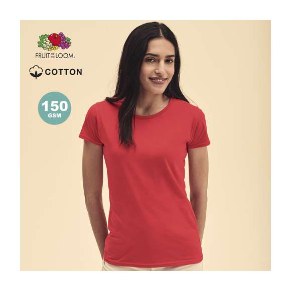 Camiseta para mujer color Iconic de Fruit Of The Loom. Fabricada en material 100% algodón peinado Ring Spun de 150g/m2. De tacto suave y corte entallado, con costuras laterales diseñadas para un ajuste perfecto. Con cuello redondo estrecho de canalé 1x1 y tapeta a juego. Etiqueta fácilmente removible y disponible en completa gama de colores. Tallas XS, S, M, L, XL, XXL.