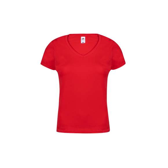 Camiseta para mujer color Iconic V-Neck de Fruit Of The Loom. Fabricada en material 100% algodón peinado Ring Spun de 150g/m2 hilado en anillo. De tacto suave y corte entallado, con costuras laterales diseñadas para un ajuste perfecto. Con cuello en pico estrecho de canalé 1x1 y tapeta a juego. Etiqueta fácilmente removible y disponible en variada gama de colores. Tallas XS, S, M, L, XL, XXL.