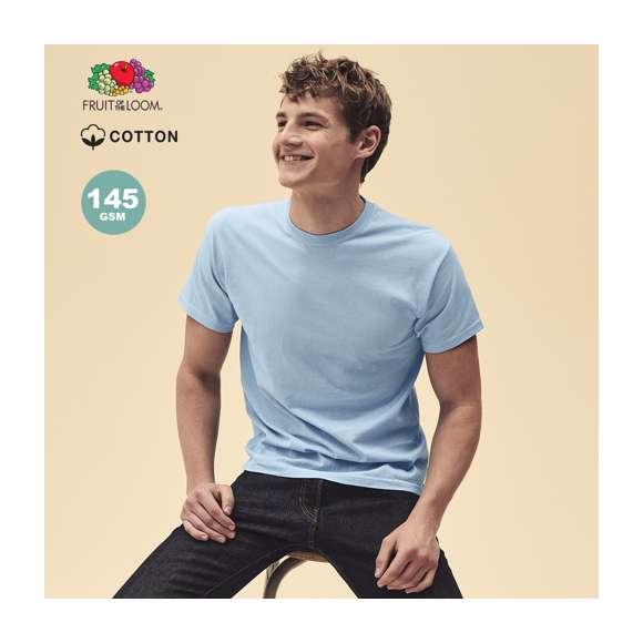 Camiseta para adulto color Original T de Fruit Of The Loom. Fabricada en material 100% algodón de 145g/m2. De tacto suave, con cuello redondo ribeteado y tapeta a juego. Con malla más cerrada para optimizar la calidad de impresión y disponible en completísima gama de colores. Tallas S, M, L, XL, XXL.