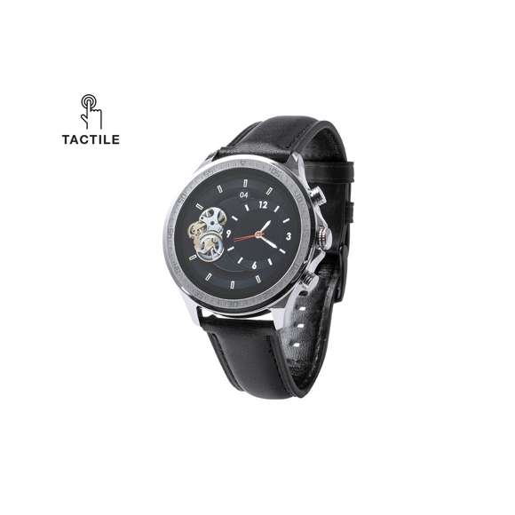 Reloj inteligente multifunción de diseño casual, con conexión Bluetooth®. Elegante caja de diseño circular y correa en piel. Pantalla TFT táctil de 1,32 pulgadas y batería de 230 mAh, que lo convierten en el gadget perfecto para todo tipo de actividades deportivas, de ocio y para el día a día.  Multitud de funciones disponibles, interfaz multilenguaje y resistente a salpicaduras de agua, con APP disponible para iOS y Android. Presentado en caja individual de diseño, con manual de instrucciones en español e inglés.
