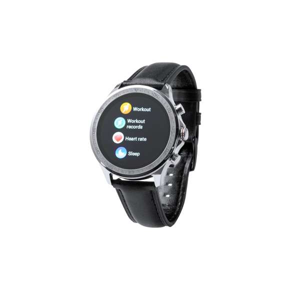 Reloj inteligente multifunción de diseño casual, con conexión Bluetooth®. Elegante caja de diseño circular y correa en piel. Pantalla TFT táctil de 1,32 pulgadas y batería de 230 mAh, que lo convierten en el gadget perfecto para todo tipo de actividades deportivas, de ocio y para el día a día.  Multitud de funciones disponibles, interfaz multilenguaje y resistente a salpicaduras de agua, con APP disponible para iOS y Android. Presentado en caja individual de diseño, con manual de instrucciones en español e inglés.