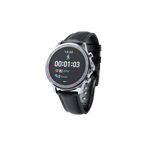 Reloj inteligente multifunción de diseño casual, con conexión Bluetooth®. Elegante caja de diseño circular y correa en piel. Pantalla TFT táctil de 1,32 pulgadas y batería de 230 mAh, que lo convierten en el gadget perfecto para todo tipo de actividades deportivas, de ocio y para el día a día.  Multitud de funciones disponibles, interfaz multilenguaje y resistente a salpicaduras de agua, con APP disponible para iOS y Android. Presentado en caja individual de diseño, con manual de instrucciones en español e inglés.