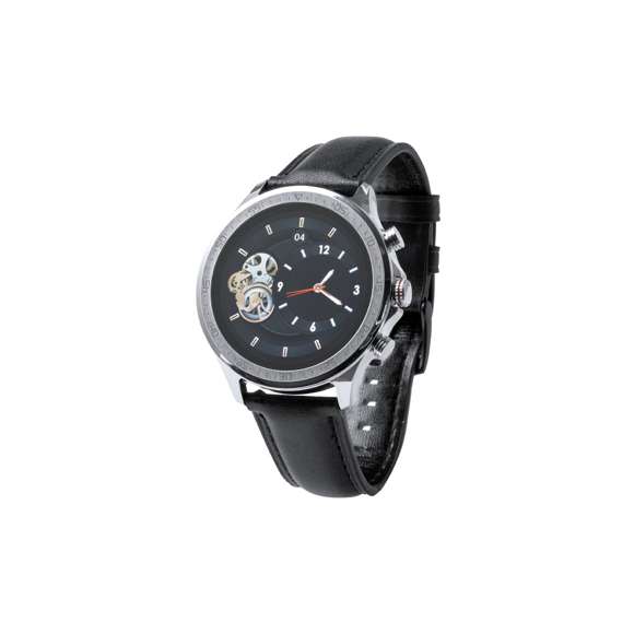 Reloj inteligente multifunción de diseño casual, con conexión Bluetooth®. Elegante caja de diseño circular y correa en piel. Pantalla TFT táctil de 1,32 pulgadas y batería de 230 mAh, que lo convierten en el gadget perfecto para todo tipo de actividades deportivas, de ocio y para el día a día.  Multitud de funciones disponibles, interfaz multilenguaje y resistente a salpicaduras de agua, con APP disponible para iOS y Android. Presentado en caja individual de diseño, con manual de instrucciones en español e inglés.