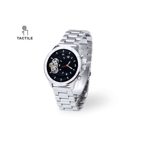 Reloj inteligente multifunción de diseño casual, con conexión Bluetooth®. Caja de diseño circular y correa en acero inox a juego. Pantalla TFT táctil de 1,32 pulgadas y batería de 230 mAh, que lo convierten en el gadget perfecto para todo tipo de actividades deportivas, de ocio y para el día a día.  Multitud de funciones disponibles, interfaz multilenguaje y resistente a salpicaduras de agua, con APP disponible para iOS y Android. Presentado en caja individual de diseño, con manual de instrucciones en español e inglés.