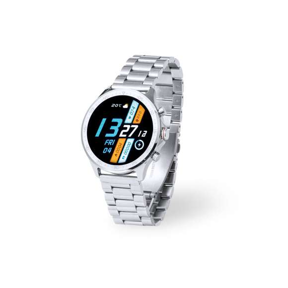 Reloj inteligente multifunción de diseño casual, con conexión Bluetooth®. Caja de diseño circular y correa en acero inox a juego. Pantalla TFT táctil de 1,32 pulgadas y batería de 230 mAh, que lo convierten en el gadget perfecto para todo tipo de actividades deportivas, de ocio y para el día a día.  Multitud de funciones disponibles, interfaz multilenguaje y resistente a salpicaduras de agua, con APP disponible para iOS y Android. Presentado en caja individual de diseño, con manual de instrucciones en español e inglés.