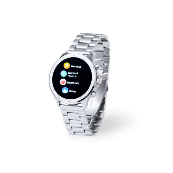 Reloj inteligente multifunción de diseño casual, con conexión Bluetooth®. Caja de diseño circular y correa en acero inox a juego. Pantalla TFT táctil de 1,32 pulgadas y batería de 230 mAh, que lo convierten en el gadget perfecto para todo tipo de actividades deportivas, de ocio y para el día a día.  Multitud de funciones disponibles, interfaz multilenguaje y resistente a salpicaduras de agua, con APP disponible para iOS y Android. Presentado en caja individual de diseño, con manual de instrucciones en español e inglés.