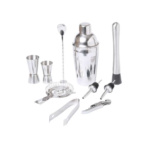 Elegante Set de Cóctel Limited Edition. Un sorprendente set que combina conceptos modernos a la par que tradicionales. Incluye todos los utensilios esenciales para configurar los mejores cócteles en acero inoxidable. Presentado en distinguida caja de madera de acado rústico ideal para almacenar y presentar: Accesorios incluidos:  - 1 coctelera - 1 mortero - 1 vaso medidor de 15/30ml - 1 vaso medidor de 25/50ml - 1 pinza para hielo - 1 filtro - 1 abridor/sacacorchos - 1 cucharilla mezcladora - 2 tapones dosificadores  De la perfecta combinación entre exclusividad y diseño, nace Limited Edition, una colección especial de ideas promocionales de edidición limitada. Un nuevo concepto, inspirado en la fusión de artículos premium con las últimas y más novedosas tendencias y que cuenta con una seleción limitada de unidades, convirtiendo así un regalo en una experiencia única e inolvidable.  Exclusivo estuche de presentación Limited Edition, con diseño protegido por derechos de propiedad industrial.  Incluida tarjeta con descripción de Limited Edition en cartón reciclado.