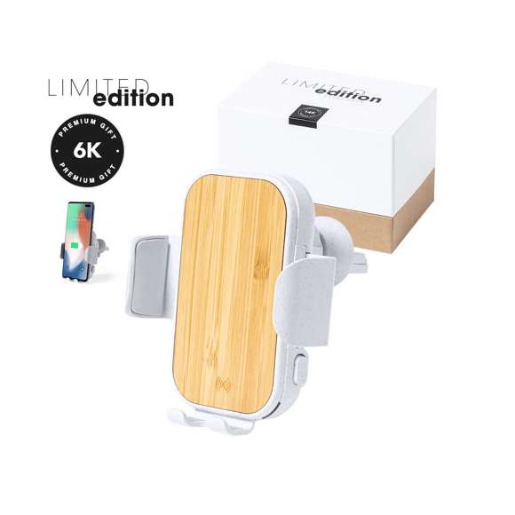 Soporte Cargador Inalámbrico de Coche Limited Edition. Un estilo innovador, donde sostenibilidad, diseño y última tecnología se combinan en una calidad premium. Fabricado en bambú y carcasa en resistente ABS y caña de trigo, para así fomentar la utilización de materias primas naturales y reducir las emisiones contaminantes . Con cargador inalámbrico de 15W. Compatible con dispositivos móviles de carga inalámbrica, con cable cargador USB C de 100 cm y manual de instrucciones en Español e Inglés incluidos.  De la perfecta combinación entre exclusividad y diseño, nace Limited Edition, una colección especial de ideas promocionales de edidición limitada. Un nuevo concepto, inspirado en la fusión de artículos premium con las últimas y más novedosas tendencias y que cuenta con una seleción limitada de unidades, convirtiendo así un regalo en una experiencia única e inolvidable.  Exclusivo estuche de presentación Limited Edition,’, con diseño protegido por derechos de propiedad industrial.  Incluida tarjeta con descripción de Limited Edition en cartón reciclado.