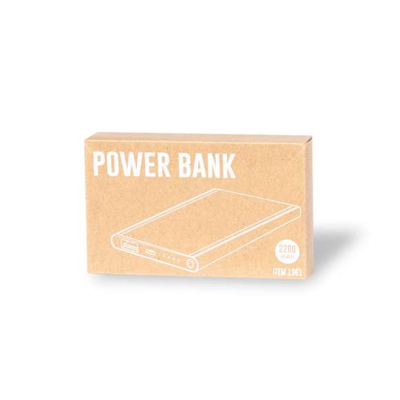  	Batería auxiliar externa de 2.200 mAh, de diseño plano y fabricada en aluminio. Con salida USB y entrada Micro USB. Indicadores LED de estado de carga y cable de carga Micro USB incluido. Presentada en caja individual de diseño kraft, con manual de instrucciones en español e inglés. 	 	Entrada micro USB: 5V DC 1A 	Salida USB: 5V DC 1A 	 	Las capacidades mostradas en todas nuestras baterías auxiliares externas son reales, incorporando todas ellas baterías de grado A y no recicladas, con una vida útil de al menos 500 ciclos de carga y según normativa CE. 	 	Además, están fabricadas conforme a los estándares RoHS y en cumplimiento con los siguientes requisitos de seguridad: 	 	Sistema de protección contra sobrecarga del power bank. 	Sistema de protección contra descarga completa que proporciona una mayor durabilidad del power bank. 	Sistema de bloqueo para evitar cortocircuitos. 	Sistema de transferencia de carga constante, acorde con la capacidad del dispositivo de destino.