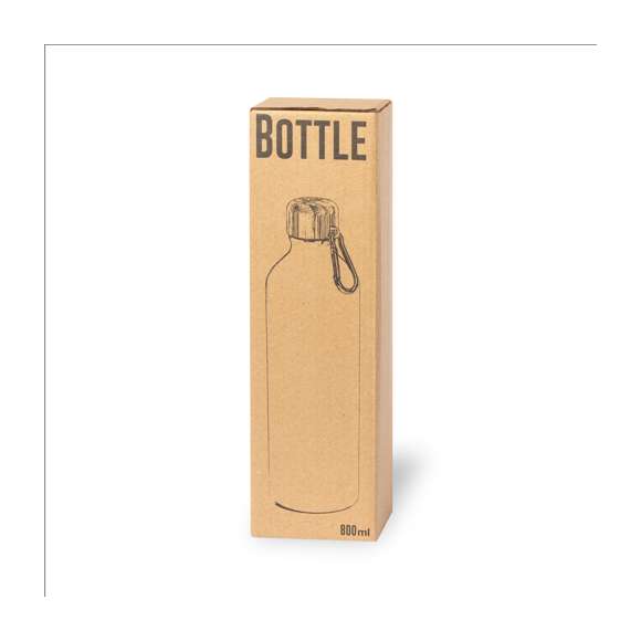 Bidón de línea nature y 800 ml de capacidad. Cuerpo en aluminio de acabado mate y tapón de bambú con mosquetón a juego para fácil transporte. Libre de BPA y presentado en atractiva caja de diseño eco.