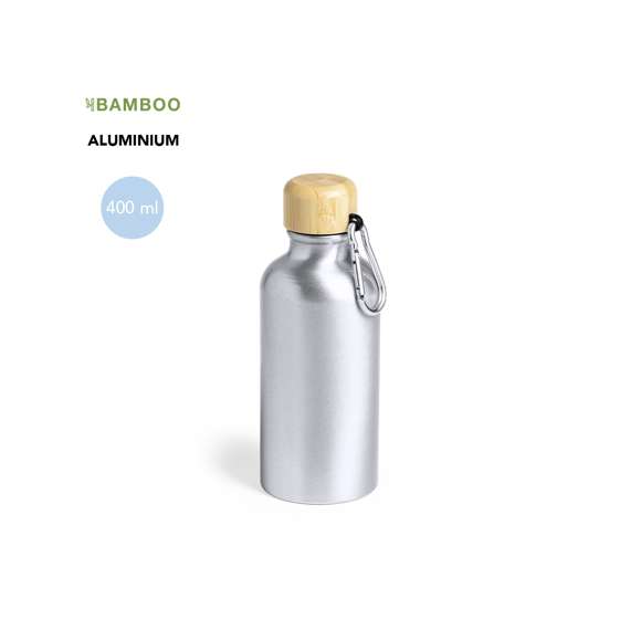 Bidón de línea nature y 400 ml de capacidad. Cuerpo en aluminio de acabado mate y tapón de bambú con mosquetón a juego para fácil transporte. Libre de BPA y presentado en atractiva caja de diseño eco.