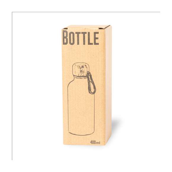 Bidón de línea nature y 400 ml de capacidad. Cuerpo en aluminio de acabado mate y tapón de bambú con mosquetón a juego para fácil transporte. Libre de BPA y presentado en atractiva caja de diseño eco.