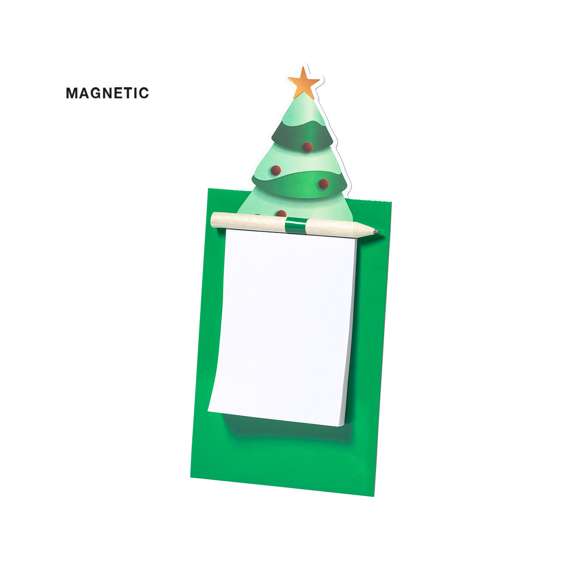 Imán con bloc de notas en divertido diseño de árbol navideño. Incluye 40 hojas lisas y lápiz de madera natural.