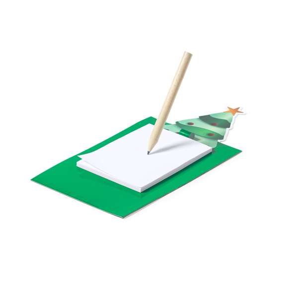 Imán con bloc de notas en divertido diseño de árbol navideño. Incluye 40 hojas lisas y lápiz de madera natural.