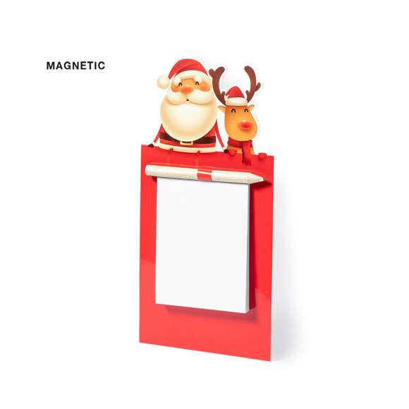 Imán con bloc de notas en divertido diseño navideño de Papá Noel y Reno. Incluye 40 hojas lisas y lápiz de madera natural.