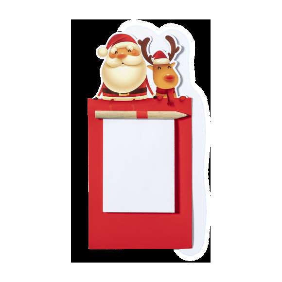 Imán con bloc de notas en divertido diseño navideño de Papá Noel y Reno. Incluye 40 hojas lisas y lápiz de madera natural.