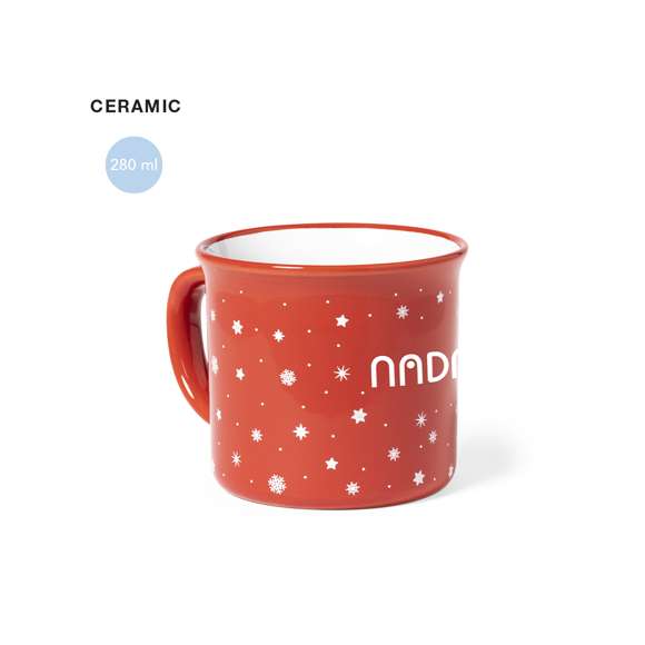 Taza de cerámica con diseño navideño vintage y 280 ml de capacidad. Con área de marcaje especial en el frontal. Presentada en atractiva caja individual kraft.