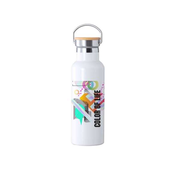 Bidón térmico de 500 ml de capacidad, fabricado en acero inox de doble pared y especialmente diseñado para marcaje en sublimación. De acabado blanco brillo y con original tapón a rosca en acero inox, con detalle de bambú y asa integrada. Libre de BPA y presentado en caja individual de diseño kraft.Disponible manual de instrucciones en español e inglés.