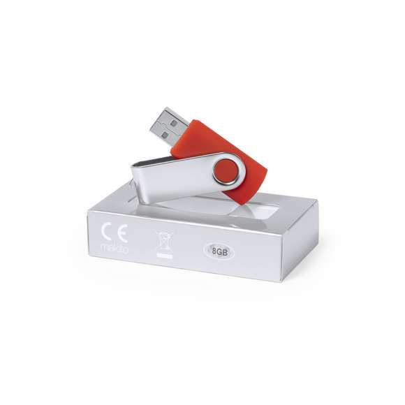 Memoria USB de 8GB de capacidad. Con mecanismo giratorio, cuerpo de suave acabado en ABS y clip metálico. Disponible en variada gama de colores y presentada en estuche individual plateado con ventana.