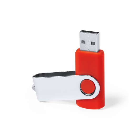 Memoria USB de 8GB de capacidad. Con mecanismo giratorio, cuerpo de suave acabado en ABS y clip metálico. Disponible en variada gama de colores y presentada en estuche individual plateado con ventana.