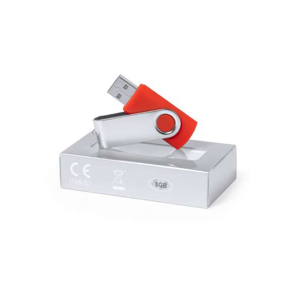 Memoria USB de 8GB de capacidad. Con mecanismo giratorio, cuerpo de suave acabado en ABS y clip metálico. Disponible en variada gama de colores y presentada en estuche individual plateado con ventana.