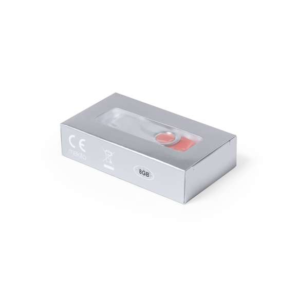 Memoria USB de 8GB de capacidad. Con mecanismo giratorio, cuerpo de suave acabado en ABS y clip metálico. Disponible en variada gama de colores y presentada en estuche individual plateado con ventana.
